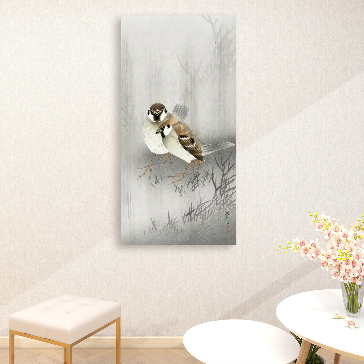 Two ring sparrows in the rain (1900 - 1930) by Ohara Koson (1877-1945) - Large Canvas Wall Art (1:2)