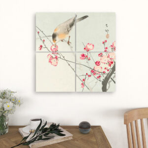 Songbird on blossom branch (1900 - 1936) by Ohara Koson (1877-1945) - 4 Panels Square Canvas Wall Art