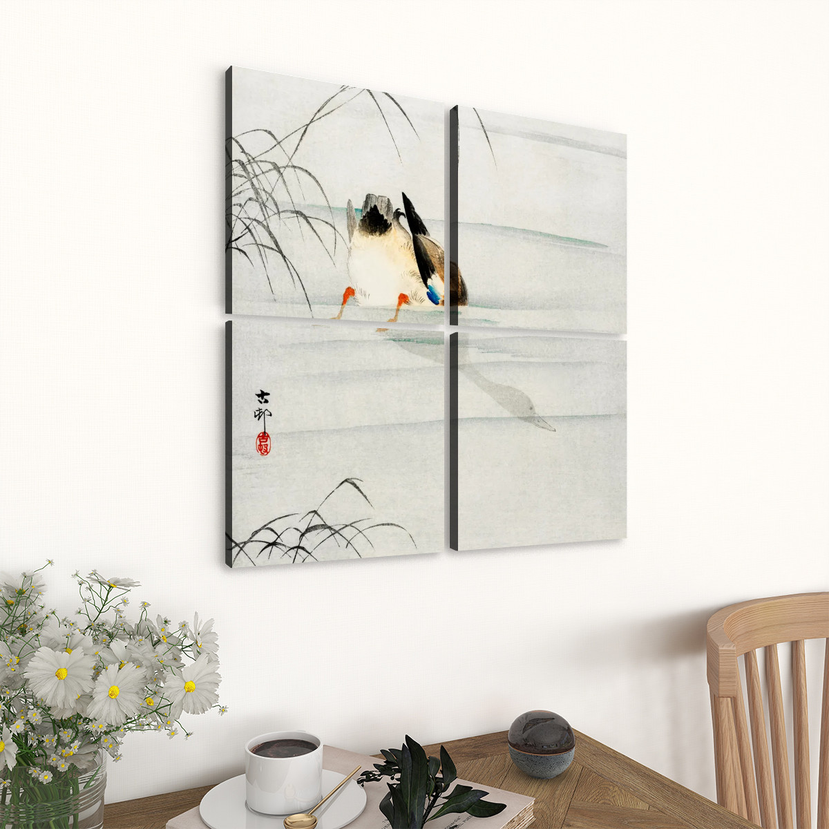 Mallard (1900 - 1930) by Ohara Koson (1877-1945) - 4 Panels Square Canvas Wall Art - Image 3