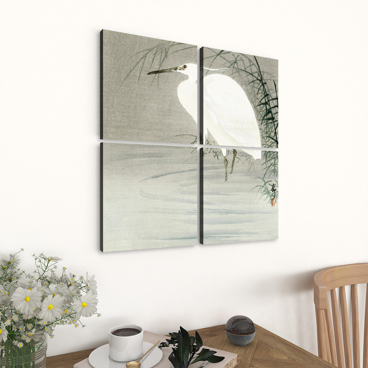 Little egret (1900-1930) by Ohara Koson (1877-1945) - 4 Panels Square Canvas Wall Art - Image 3