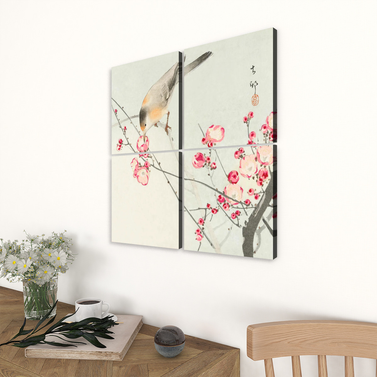Songbird on blossom branch (1900 - 1936) by Ohara Koson (1877-1945) - 4 Panels Square Canvas Wall Art - Image 2