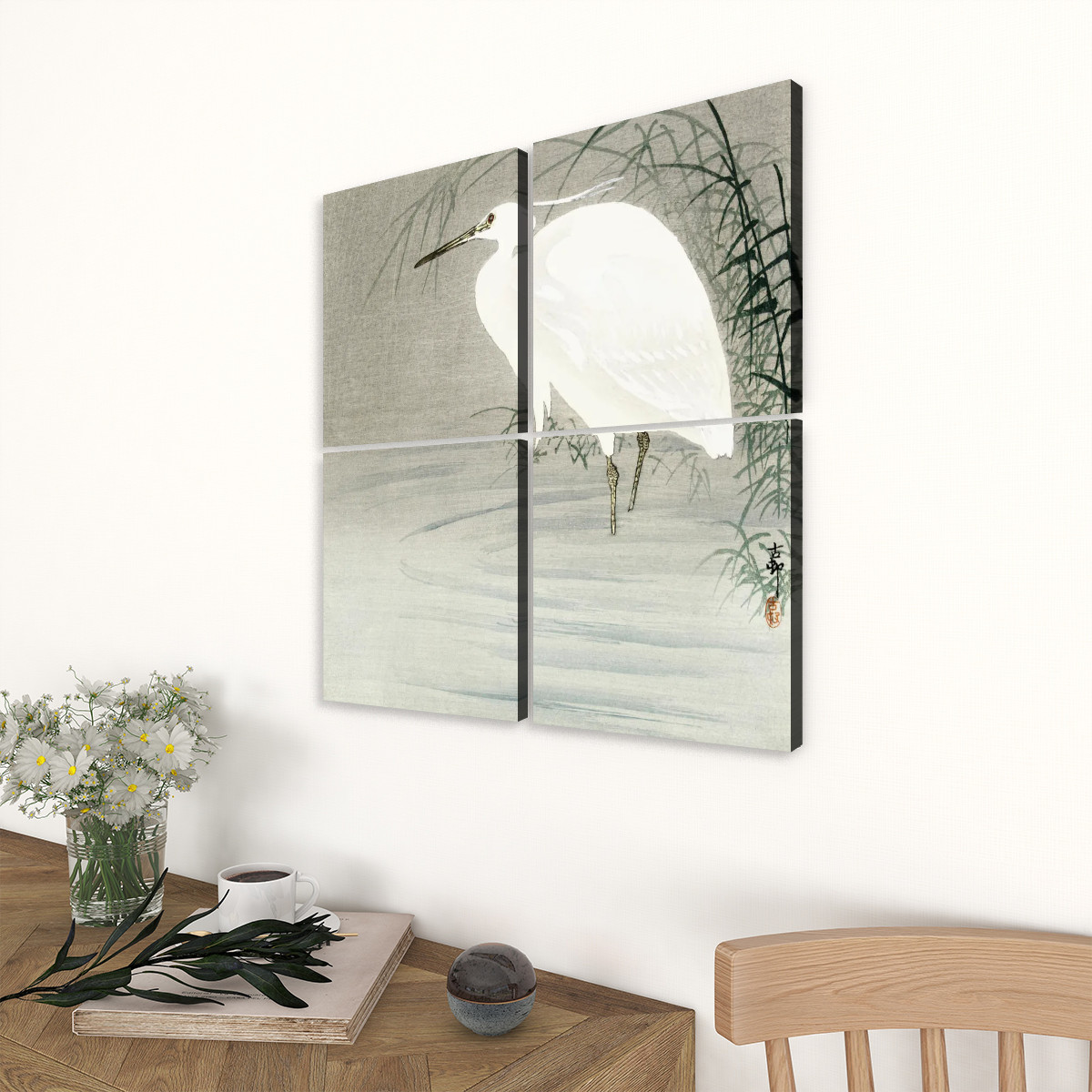 Little egret (1900-1930) by Ohara Koson (1877-1945) - 4 Panels Square Canvas Wall Art - Image 2