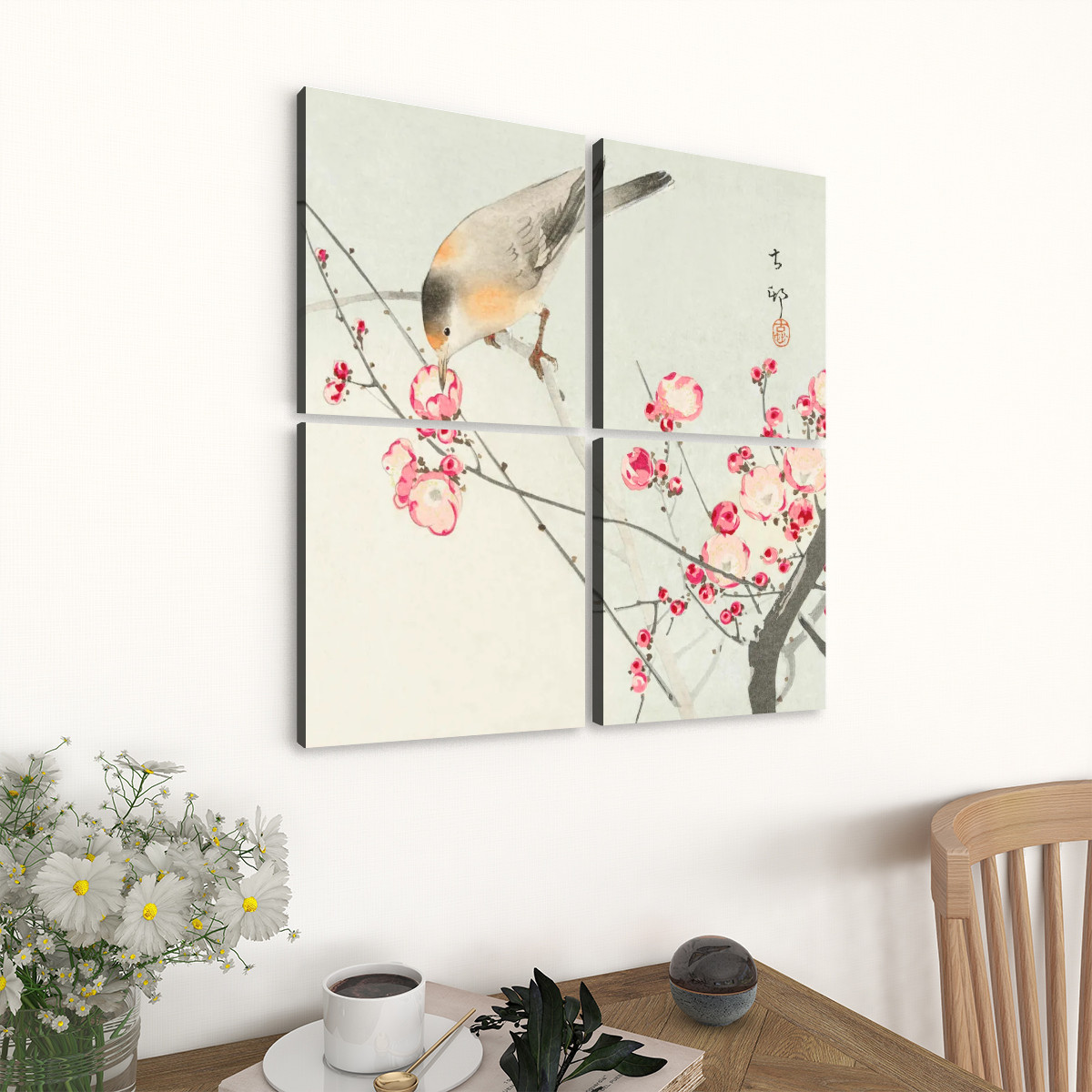 Songbird on blossom branch (1900 - 1936) by Ohara Koson (1877-1945) - 4 Panels Square Canvas Wall Art - Image 3