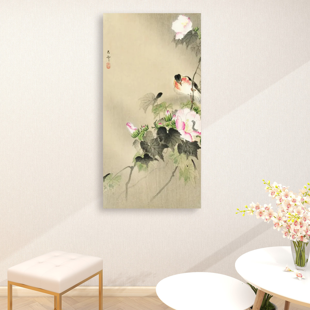 Bird and caterpillar (1900 - 1930) by Ohara Koson (1877-1945) - Large Canvas Wall Art (1:2)