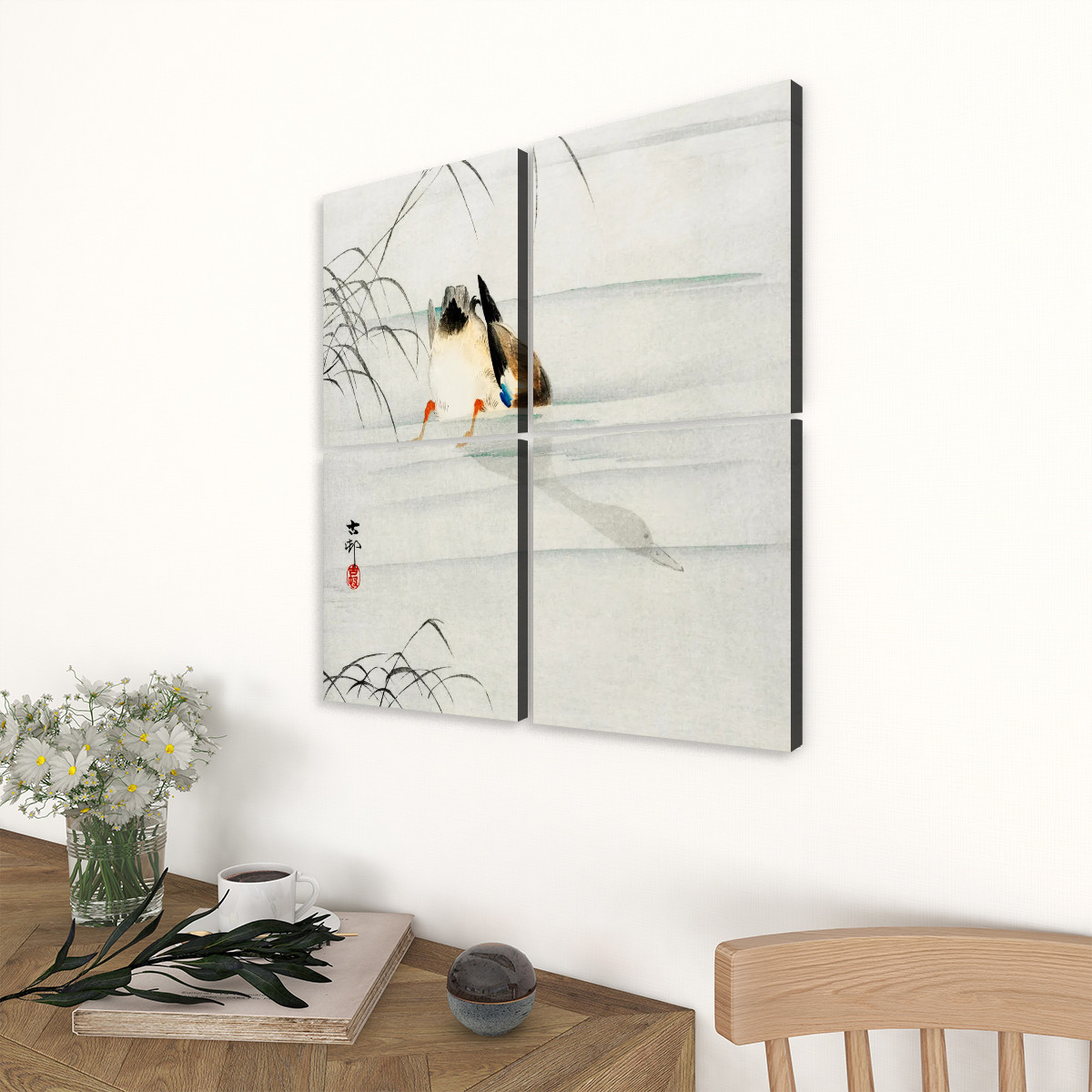 Mallard (1900 - 1930) by Ohara Koson (1877-1945) - 4 Panels Square Canvas Wall Art - Image 2