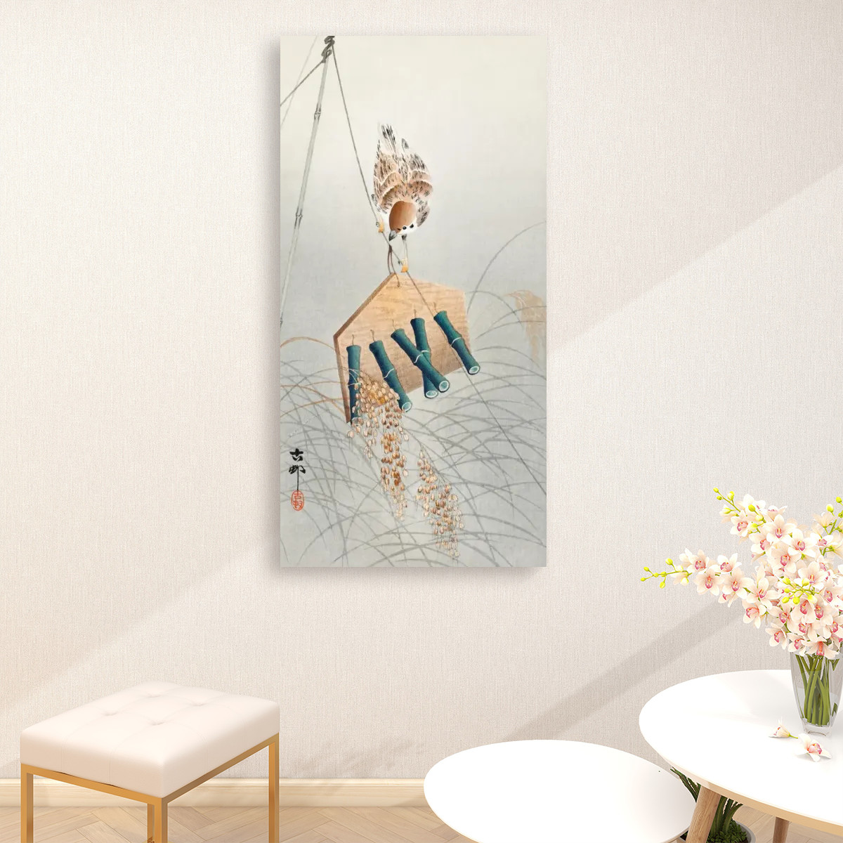 Ring sparrow on scarecrow (1900 - 1930) by Ohara Koson (1877-1945) - Large Canvas Wall Art (1:2)