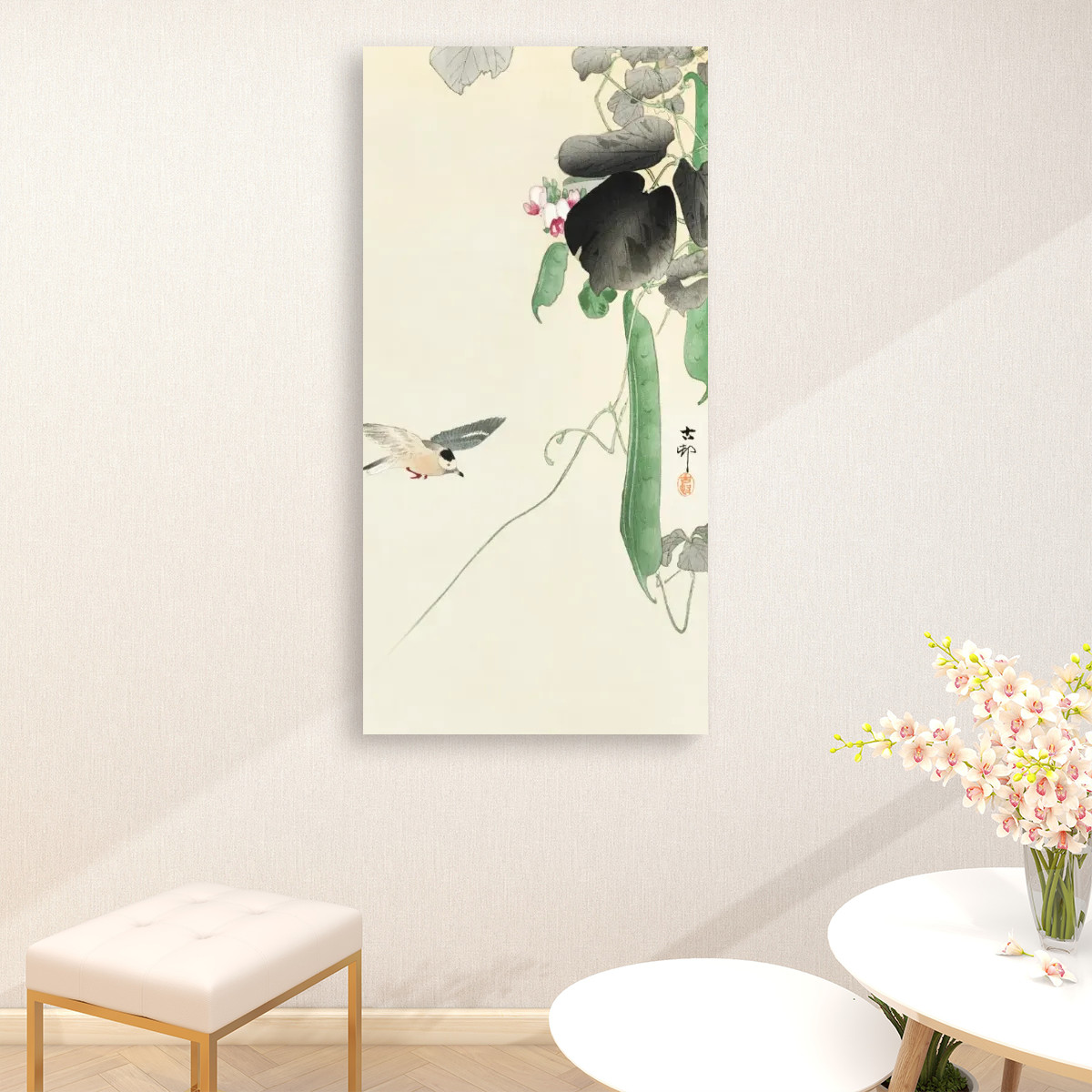 Bird at flowering bean plant (1900 - 1930) by Ohara Koson (1877-1945) - Large Canvas Wall Art (1:2)