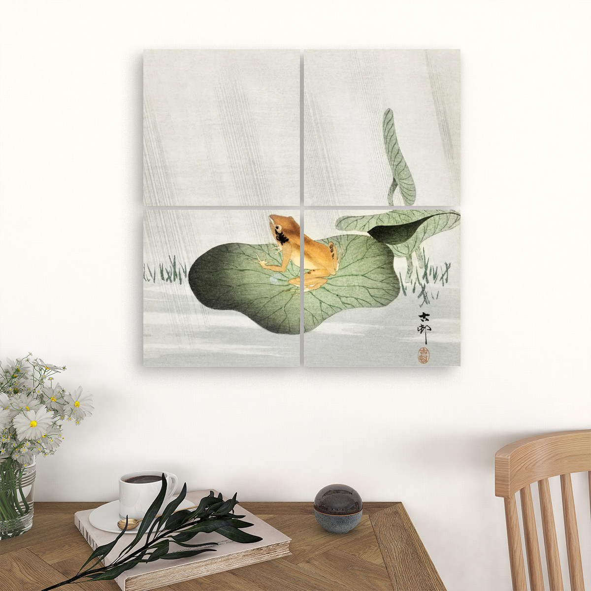 Frog on lotus leaf (1900 - 1930) by Ohara Koson (1877-1945) - 4 Panels Square Canvas Wall Art