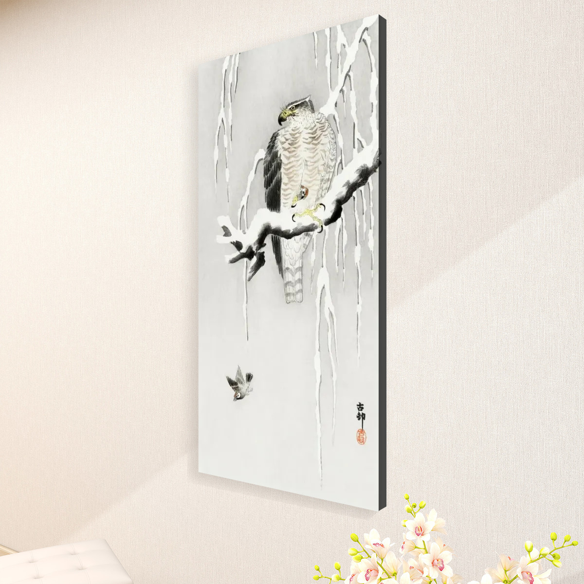 Hawk with captured ring sparrow (1900 - 1930) by Ohara Koson (1877-1945) - Large Canvas Wall Art (1:2) - Image 3