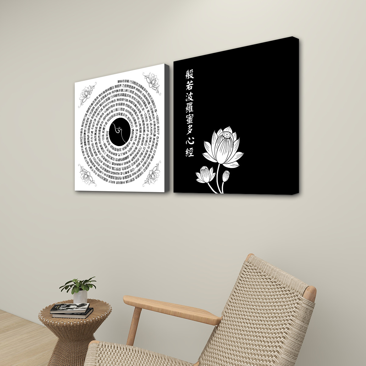 Heart Sutra Lotus (Black/White) - 2 Panels Square Canvas Wall Art - Image 3